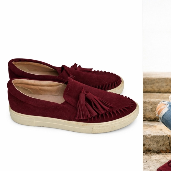 J.J. Slides Wine Suede Tassel Slip On Sneakers Womens Size 10 Boho Fringe - Picture 2 of 10